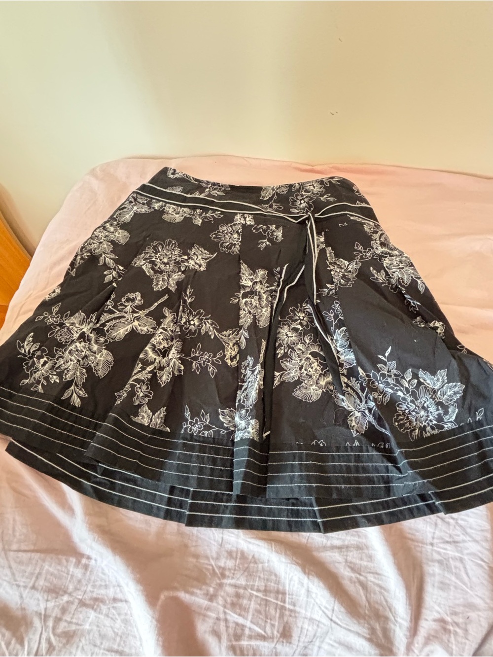 Black Floral Circle Skirt with White Print